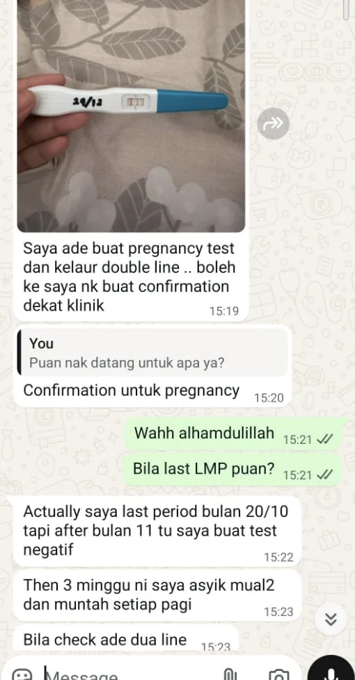 Mesej pesakit berkongsi ujian kehamilan positif
